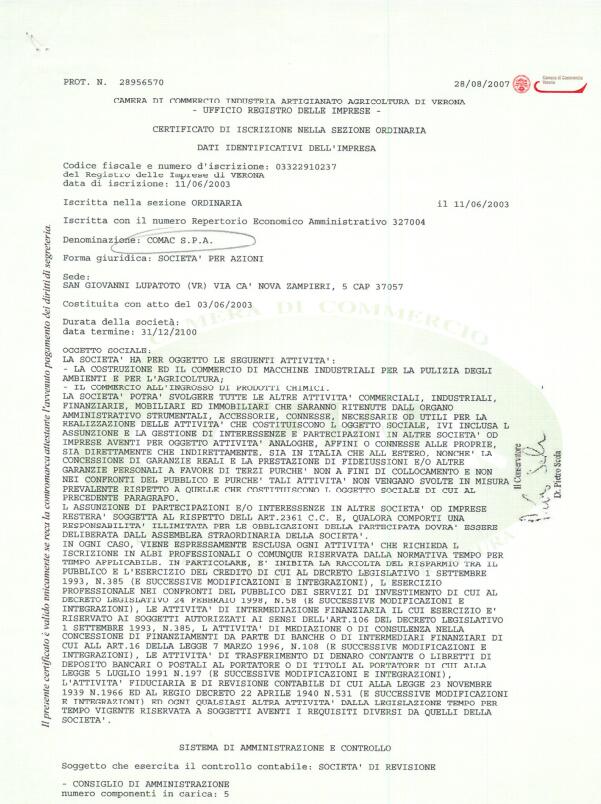 意大利COMAC營業執照