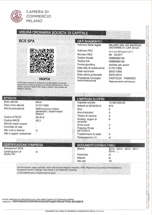 意大利BCS營業執照